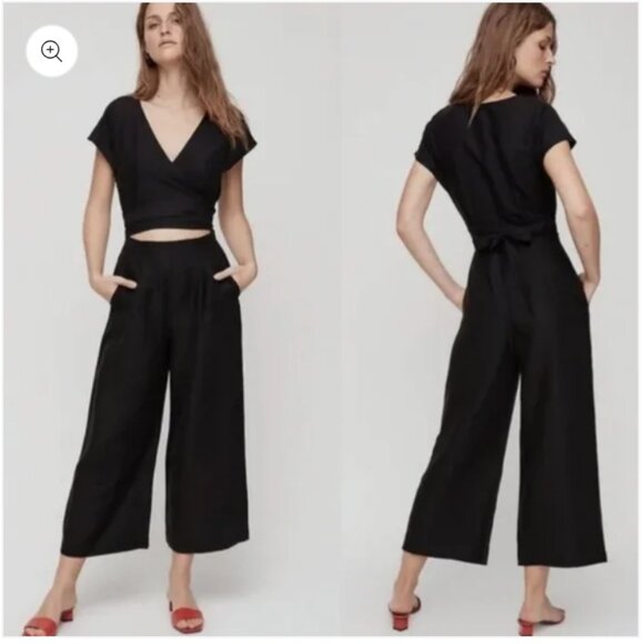 Aritzia Pants - Aritzia Black Sleeveless Jumpsuit linen wide leg wrap top office casual neutral